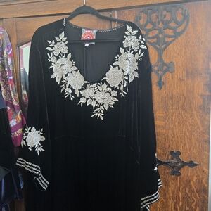 Johnny Was Black Silk Velvet  Dress with  Floral Embroidery